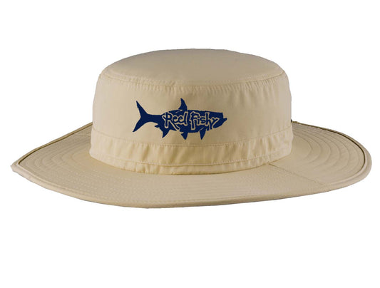 Khaki boonie fishing hat with tarpon logo, 30+ UPF sun protection.