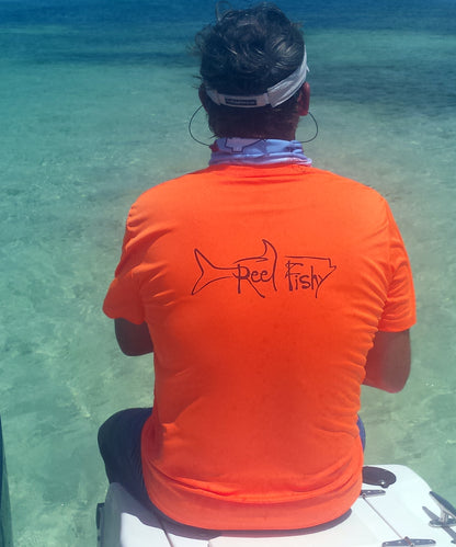 Performance Dry-Fit Tarpon Fishing Short Sleeve Shirts with Sun Protection in Neon Orange