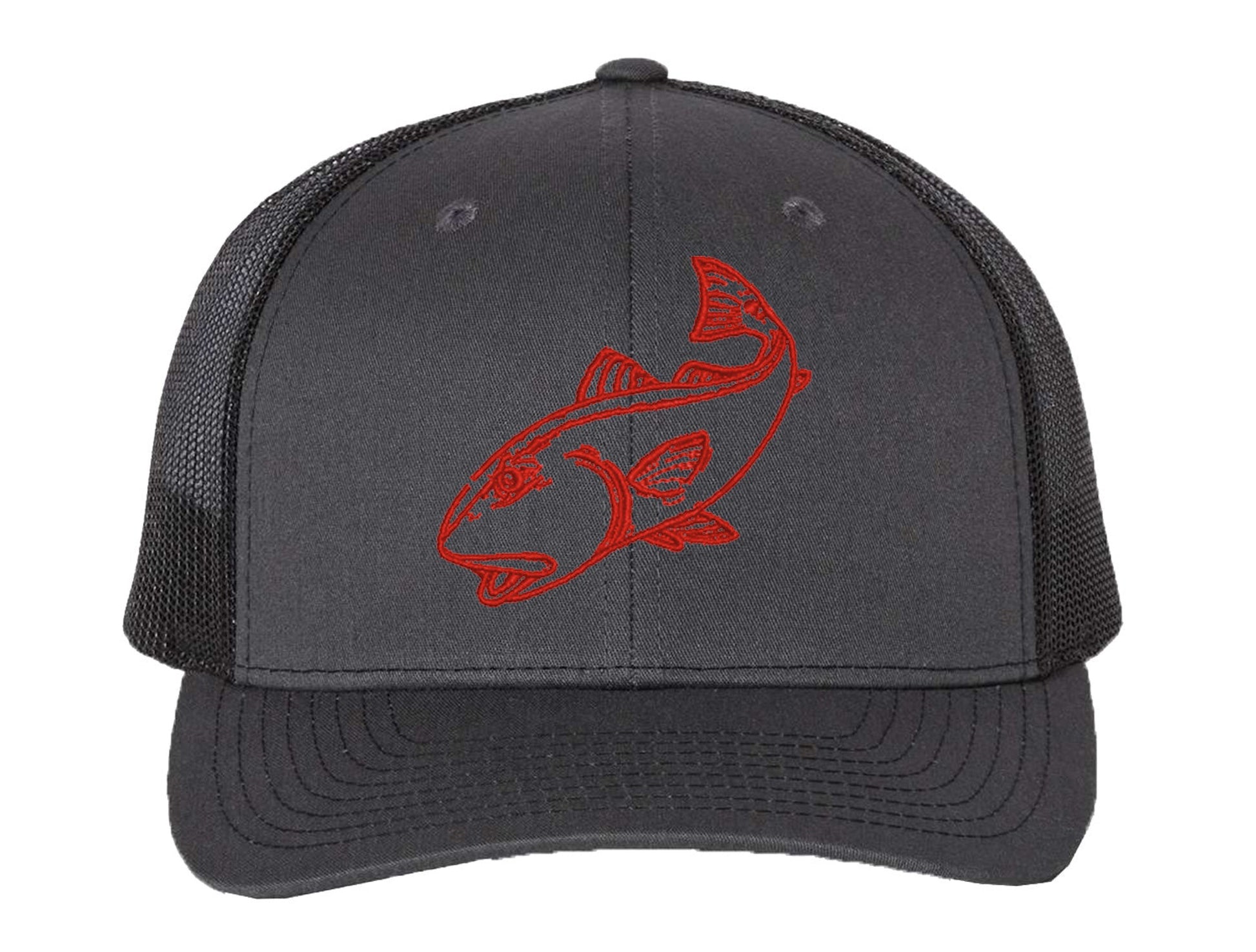 RedfishCharcoal/Black mesh Structured Trucker Hat w/Red logo
