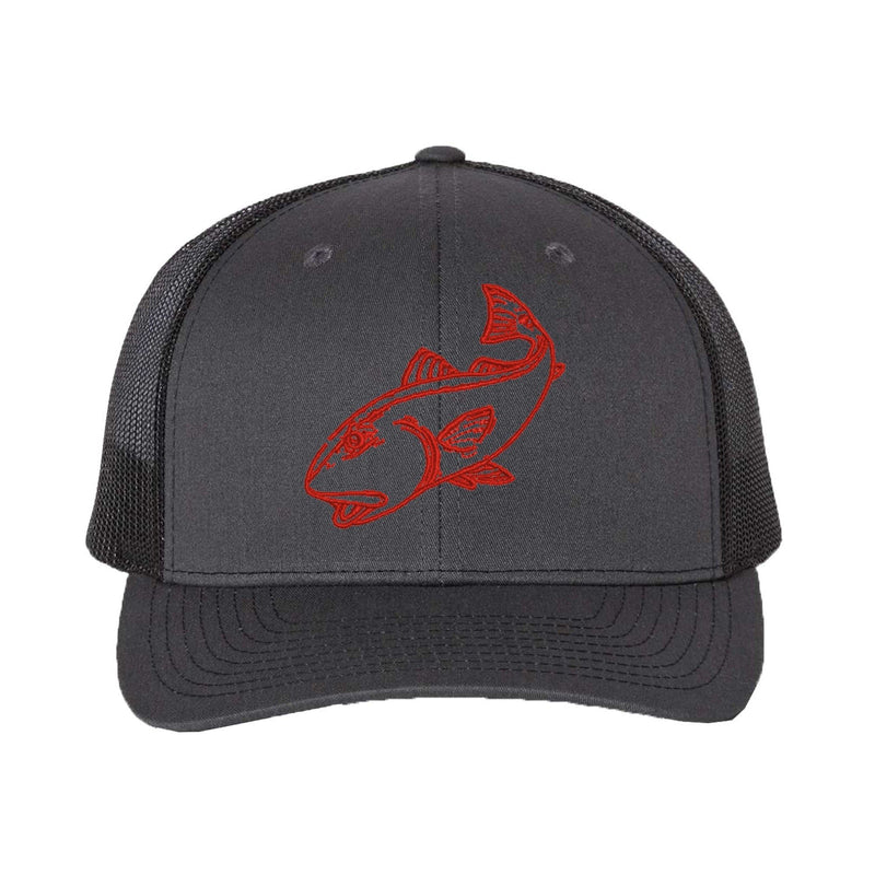 RedfishCharcoal/Black mesh Structured Trucker Hat w/Red logo