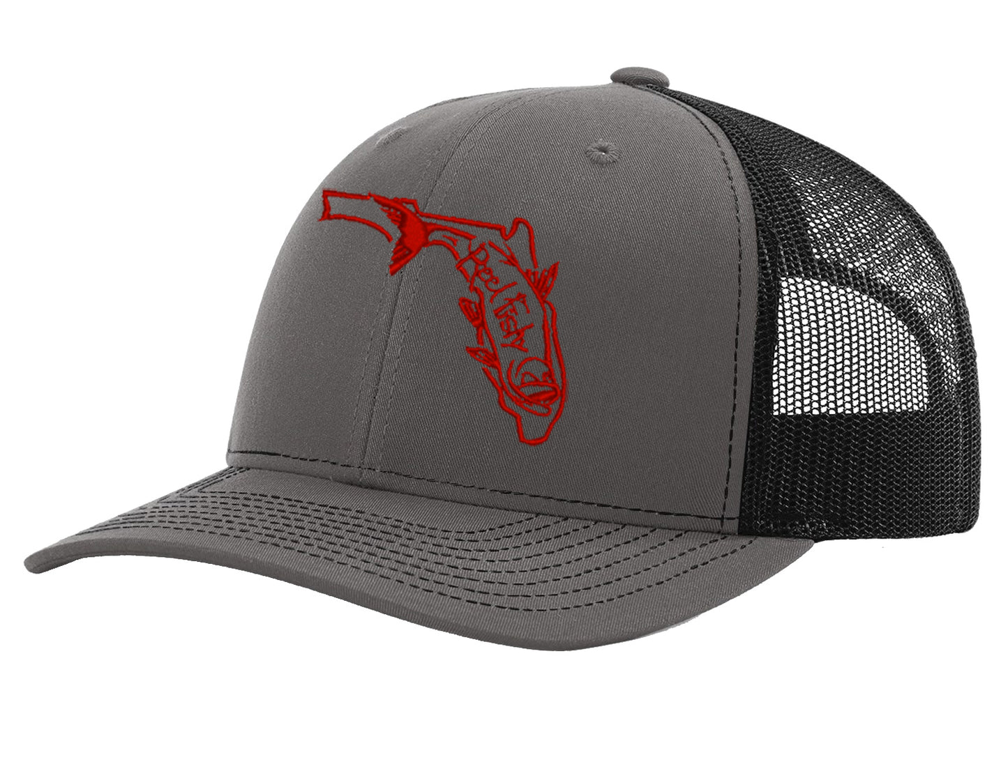 State of Florida Tarpon Reel Fishy Logo - Dark Gray/Black Trucker hat w/Red Logo