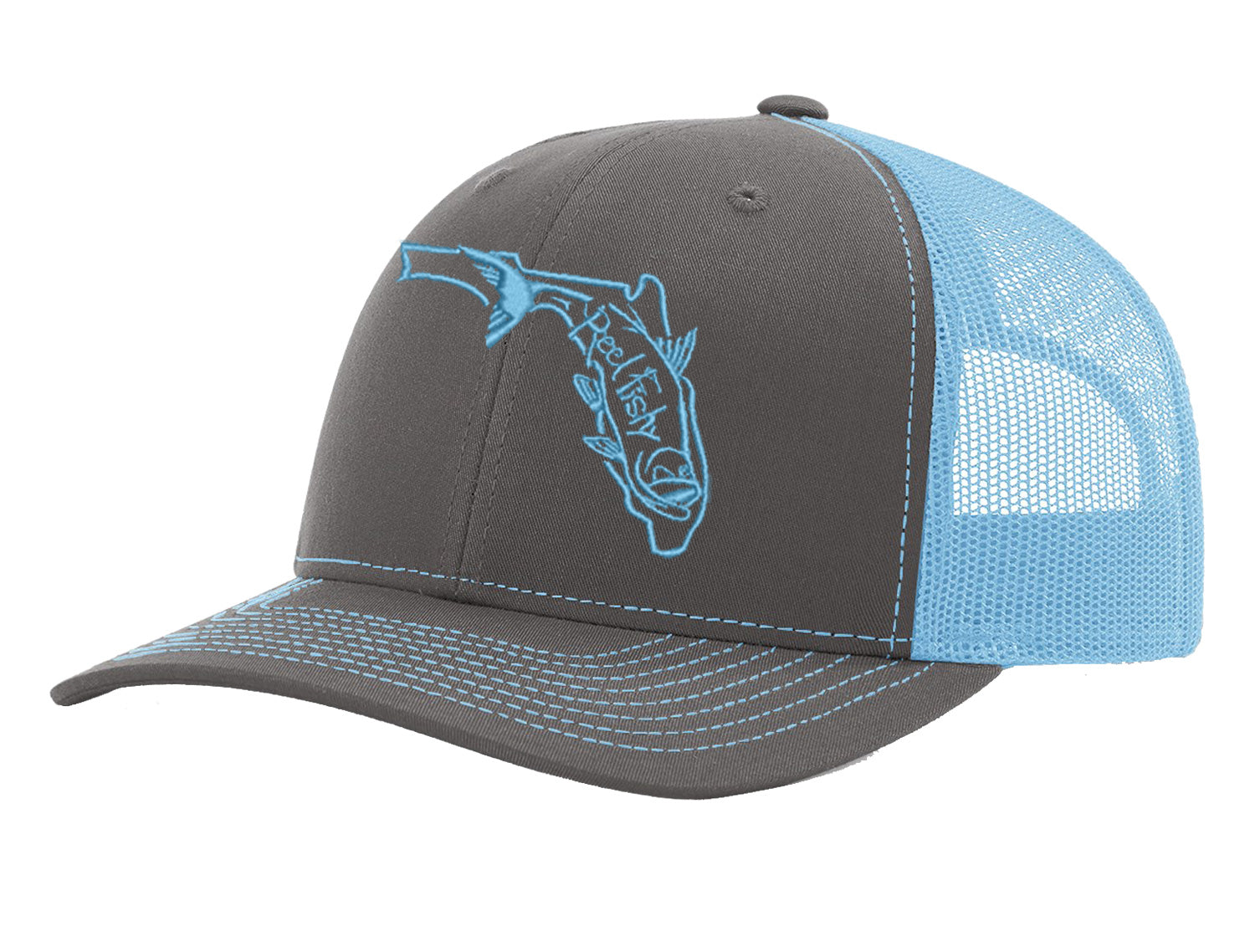 State of Florida Tarpon Reel Fishy Logo - Charcoal/Blue Trucker hat w/Blue Logo