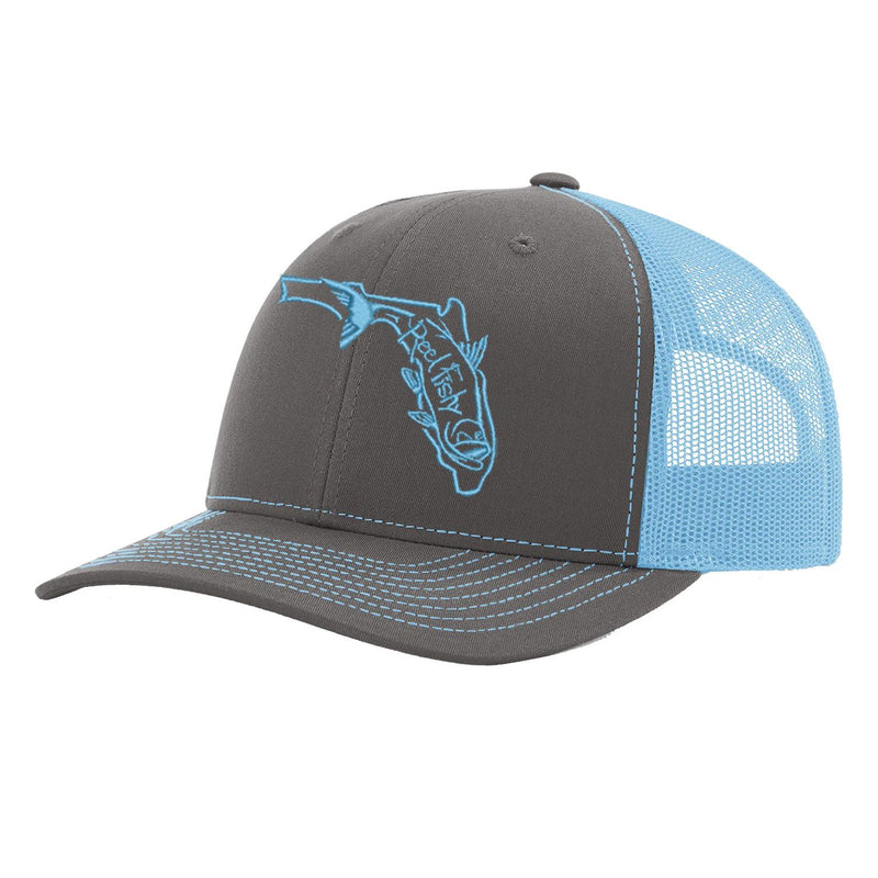 State of Florida Tarpon Trucker Hat in Charcoal and Blue mesh by Reel Fishy.
