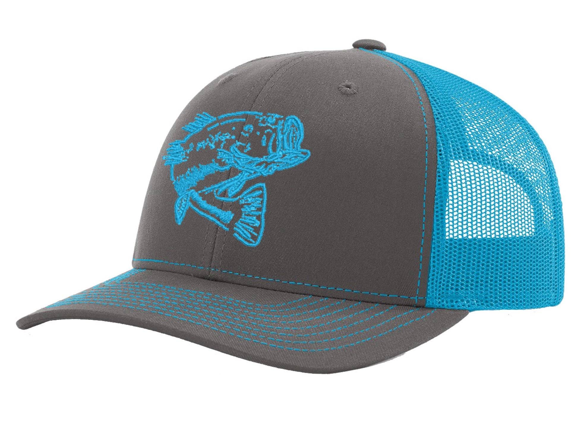 Bass "Reel Hawg" Structured Trucker Hat - Charcoal/Neon Blue - Neon Blue Bass logo