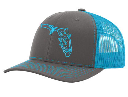 State of Florida Tarpon Reel Fishy Logo - Dark Gray/Neon Blue Trucker hat w/Neon Blue Logo