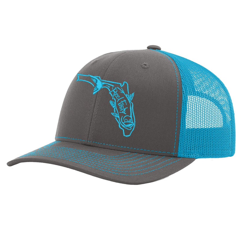 State of Florida Tarpon Trucker Hat in Charcoal and Neon Blue mesh by Reel Fishy.
