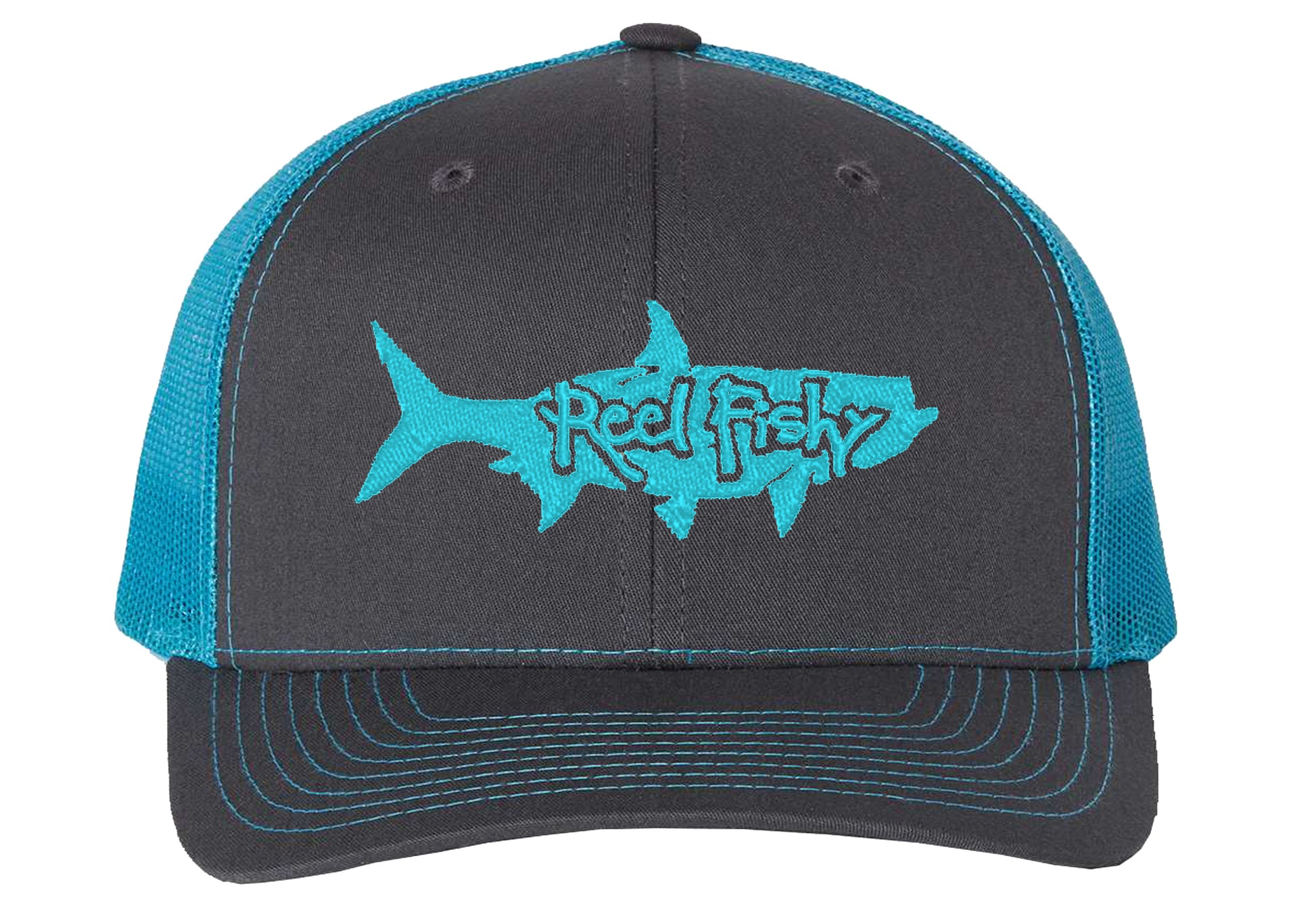 Charcoal/Neon Blue Trucker hat with Neon Blue Tarpon Logo