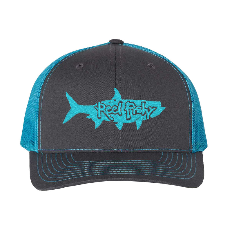 Charcoal/Neon Blue Trucker hat with Neon Blue Tarpon Logo