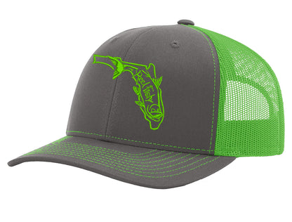 Tarpon Fishing Trucker Hat, Florida Logo Snapback Trucker Cap, Fishing Hat Charcoal/Green w/Green Logo