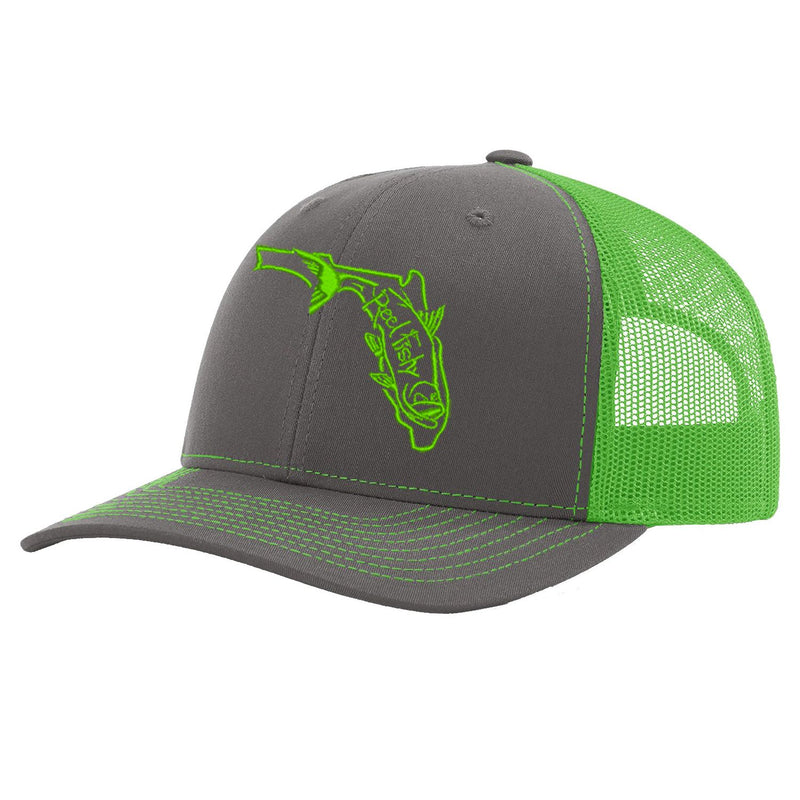 State of Florida Tarpon Trucker Hat in Charcoal and Neon Green mesh by Reel Fishy.