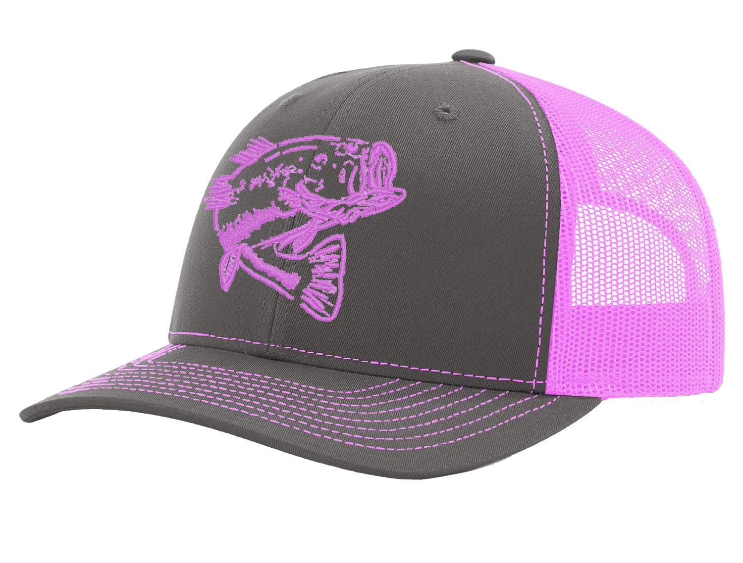 New Bass "Reel Hawg" Structured Trucker Hat - Charcoal/Pink Mesh - Pink Bass logo
