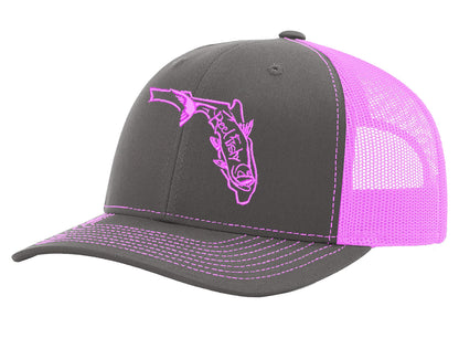 Tarpon Fishing Trucker Hat, Florida Logo Snapback Trucker Cap, Fishing Hat Charcoal w/Neon Pink