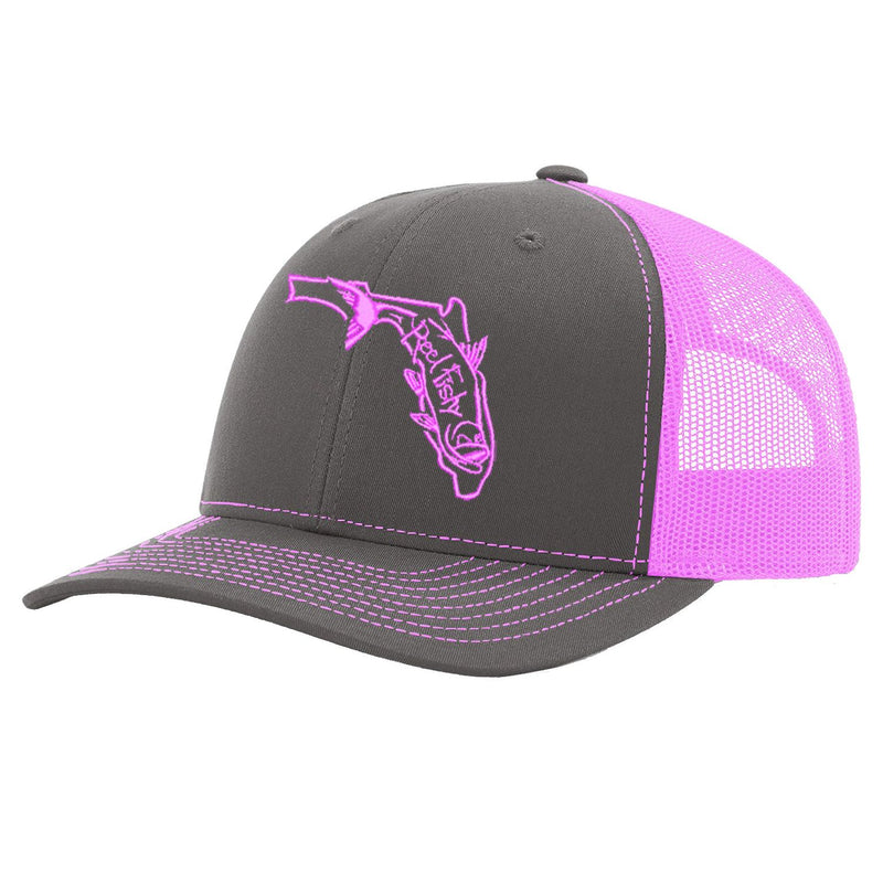 State of Florida Tarpon Trucker Hat in Charcoal and Neon Pink mesh by Reel Fishy.