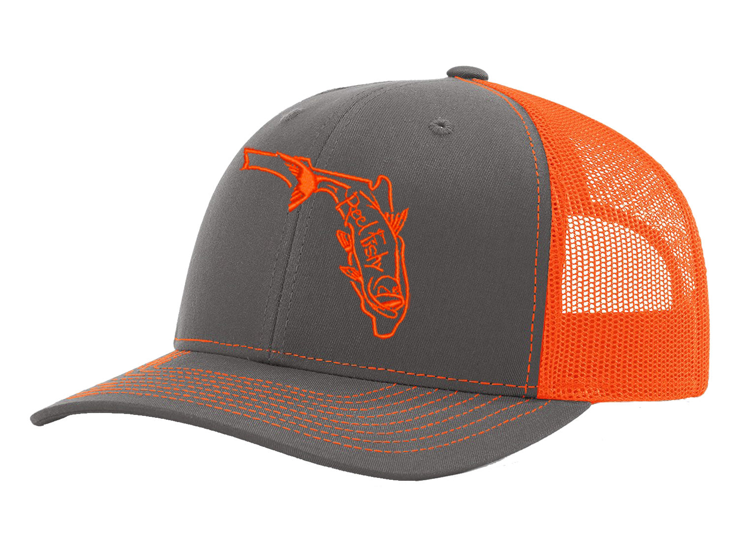 State of Florida Tarpon Reel Fishy Logo - Charcoal/Orange Trucker hat w/Orange Logo