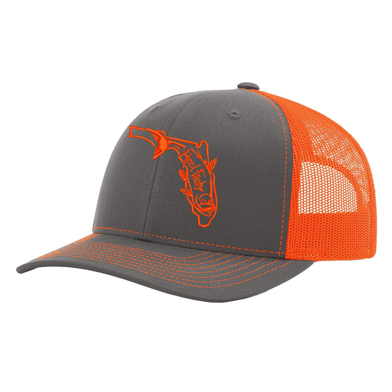 State of Florida Tarpon Trucker Hat in Charcoal and Neon Orange mesh by Reel Fishy.