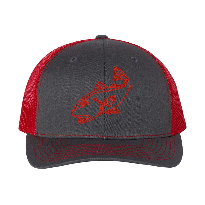 Redfish Charcoal/Red mesh Structured Trucker Hat w/Red Logo