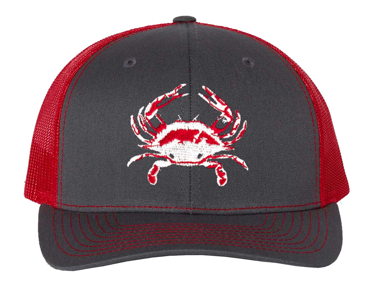 Blue Crab "Reel Crabby" Structured Trucker Hat - Charcoal/Red Mesh