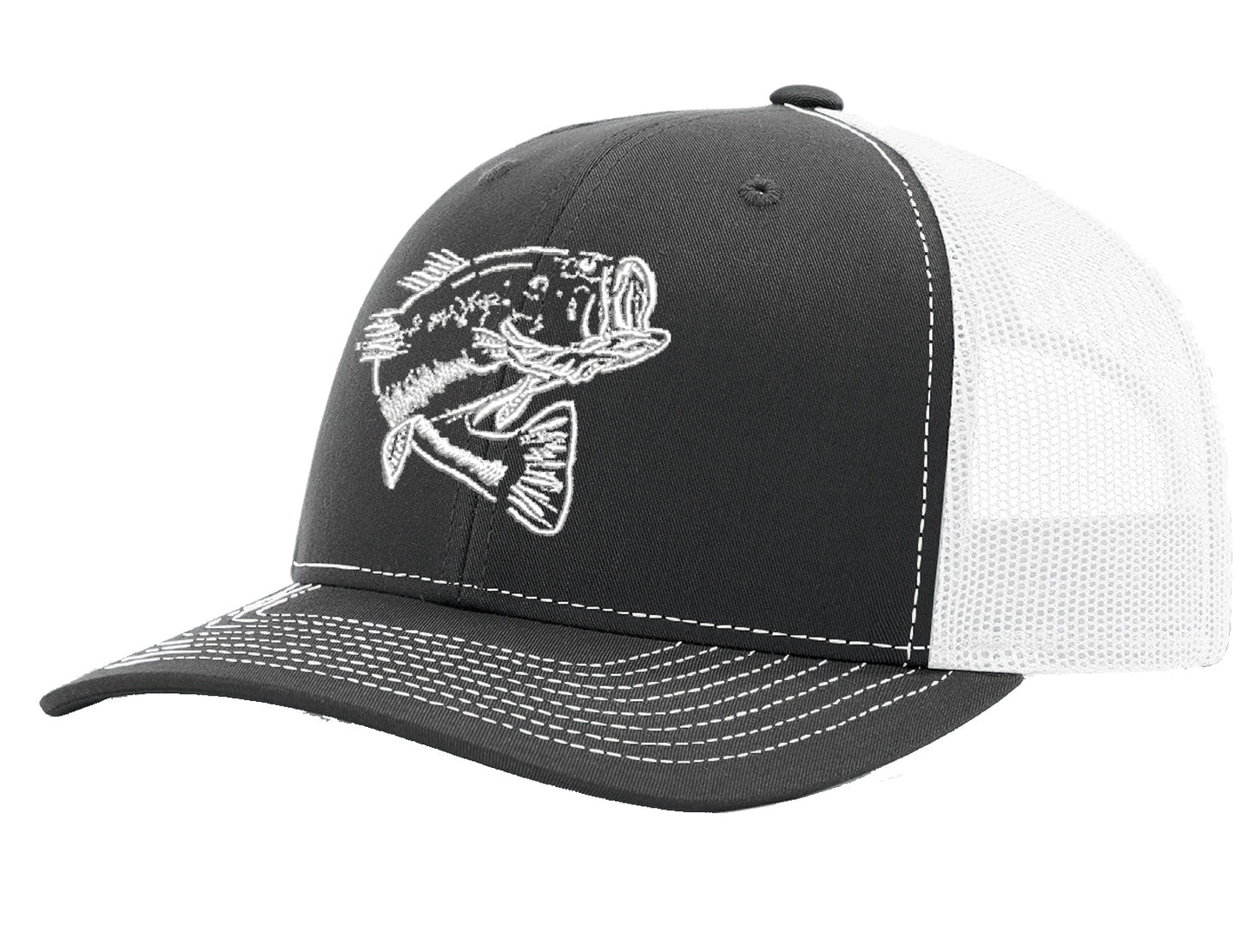 New Bass "Reel Hawg" Structured Trucker Hat - Charcoal/White - White Bass logo