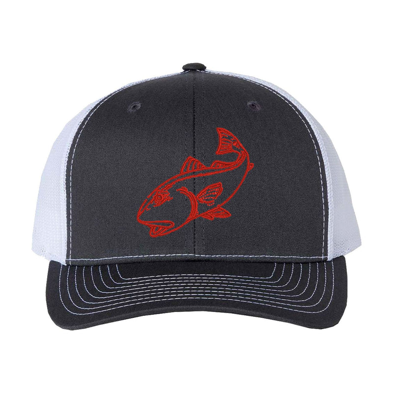 Redfish Charcoal/White mesh Structured Trucker Hat w/Red Logo
