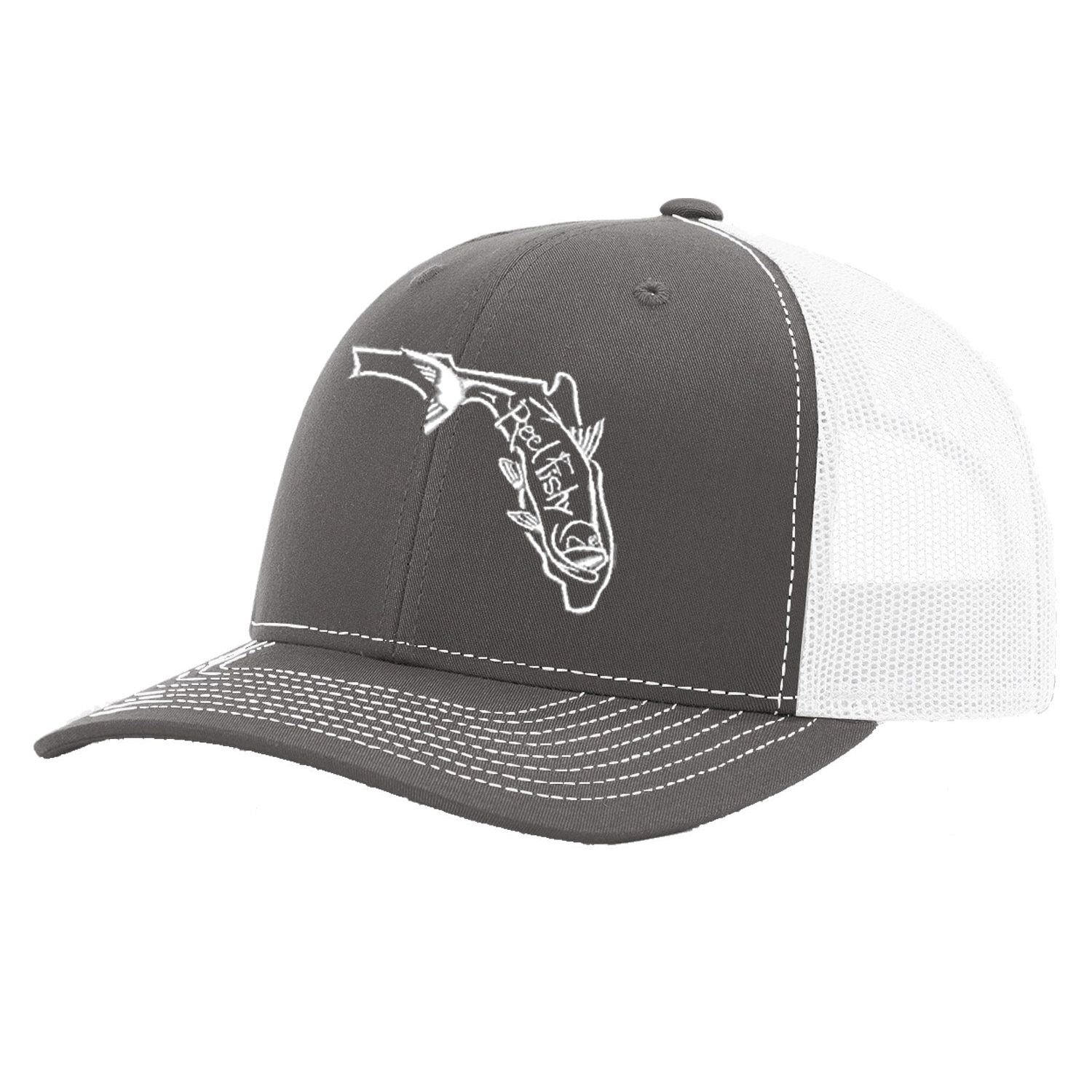 State of Florida Tarpon Trucker Hat in Charcoal and white mesh by Reel Fishy.