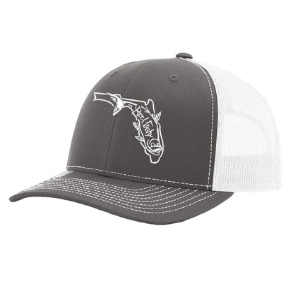 State of Florida Tarpon Trucker Hat in Charcoal and white mesh by Reel Fishy.