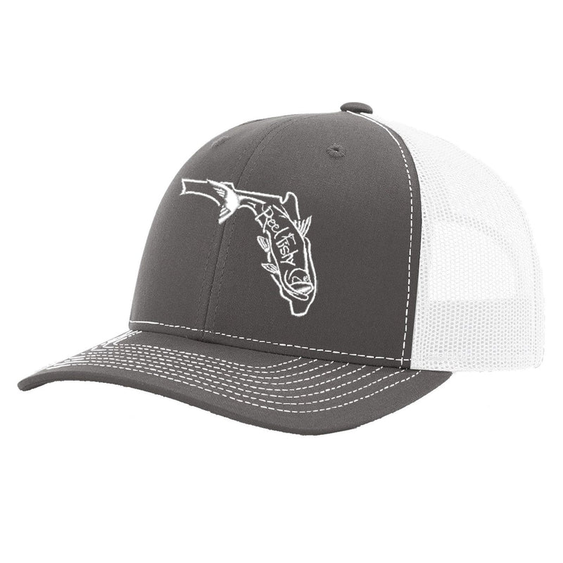 State of Florida Tarpon Trucker Hat in Charcoal and white mesh by Reel Fishy.