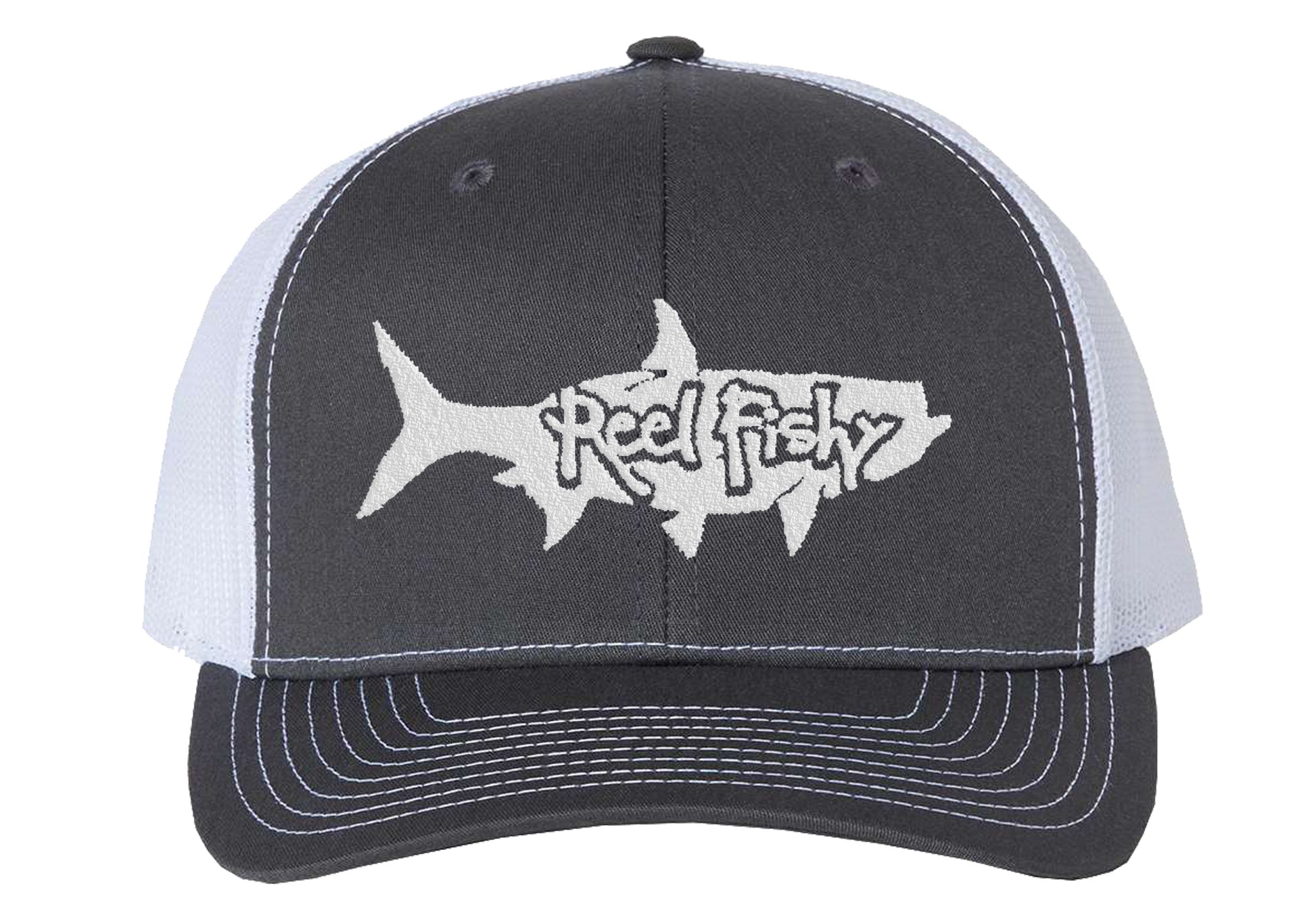 Tarpon Fishing Trucker Hats, Fishing Snapback Trucker Cap - Reel Fishy Black w/White Tarpon Logo