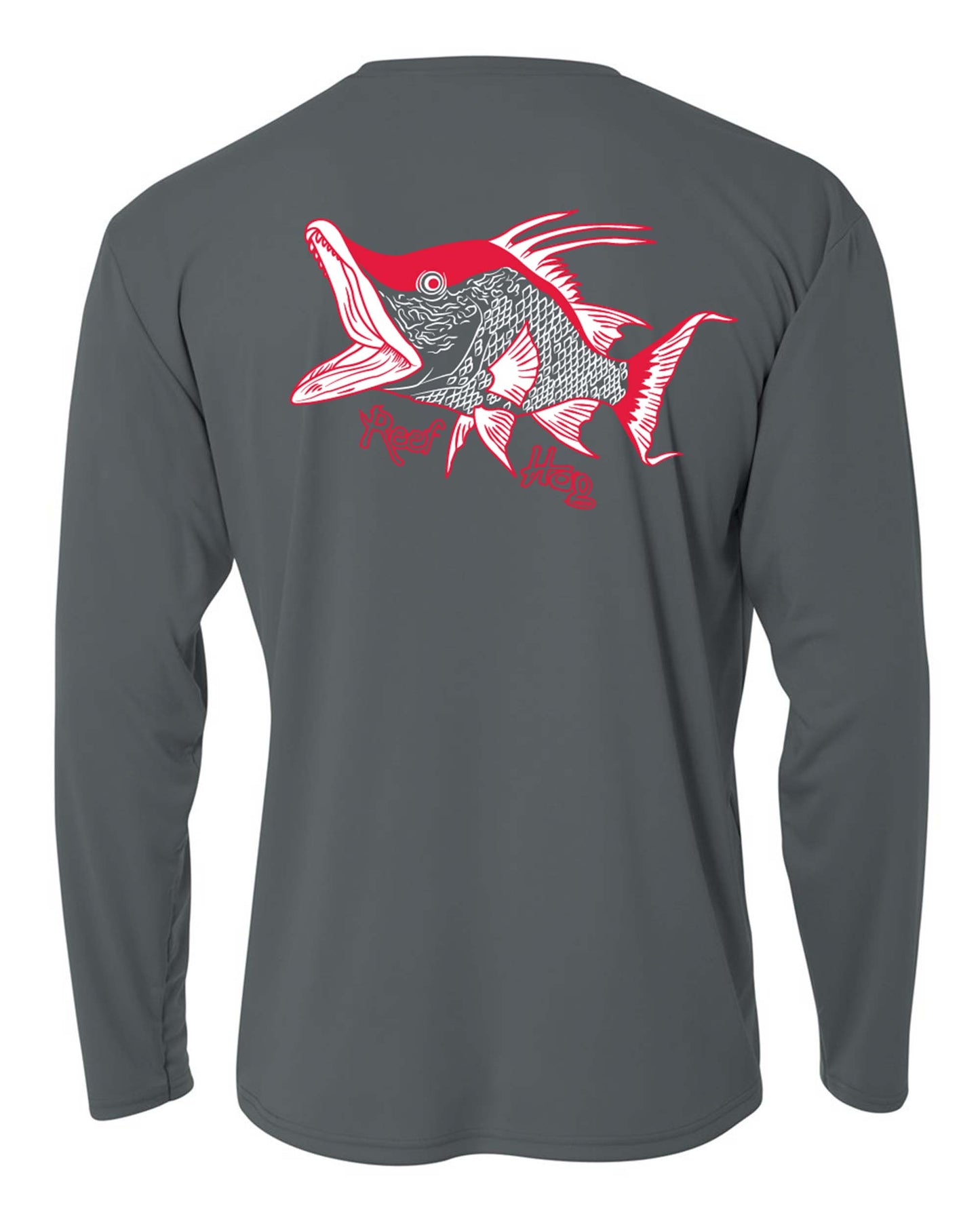 Hogfish "Reef Hog" Performance Dry-fit Long Sleeve Charcoal Shirt with 50+ UV Sun Protection