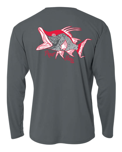 Youth Performance Fishing Shirts 50+uv Sun Protection -Reel Fishy Apparel S / Charcoal Hogfish L/S