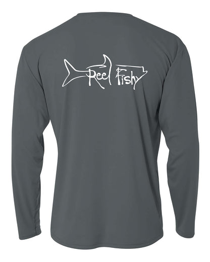 Youth Performance Dry-Fit Tarpon Fishing Shirts with Sun Protection by Reel Fishy Apparel - Long Sleeve Charcoal