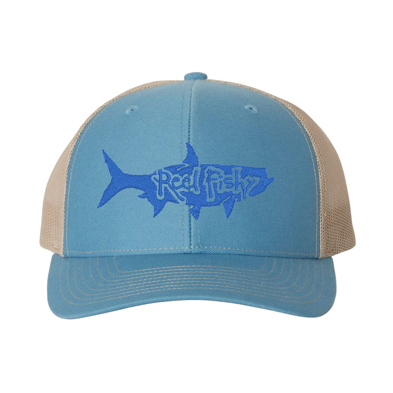 Colonial Blue/Khaki Trucker Hat with Blue Tarpon Reel Fishy Logo