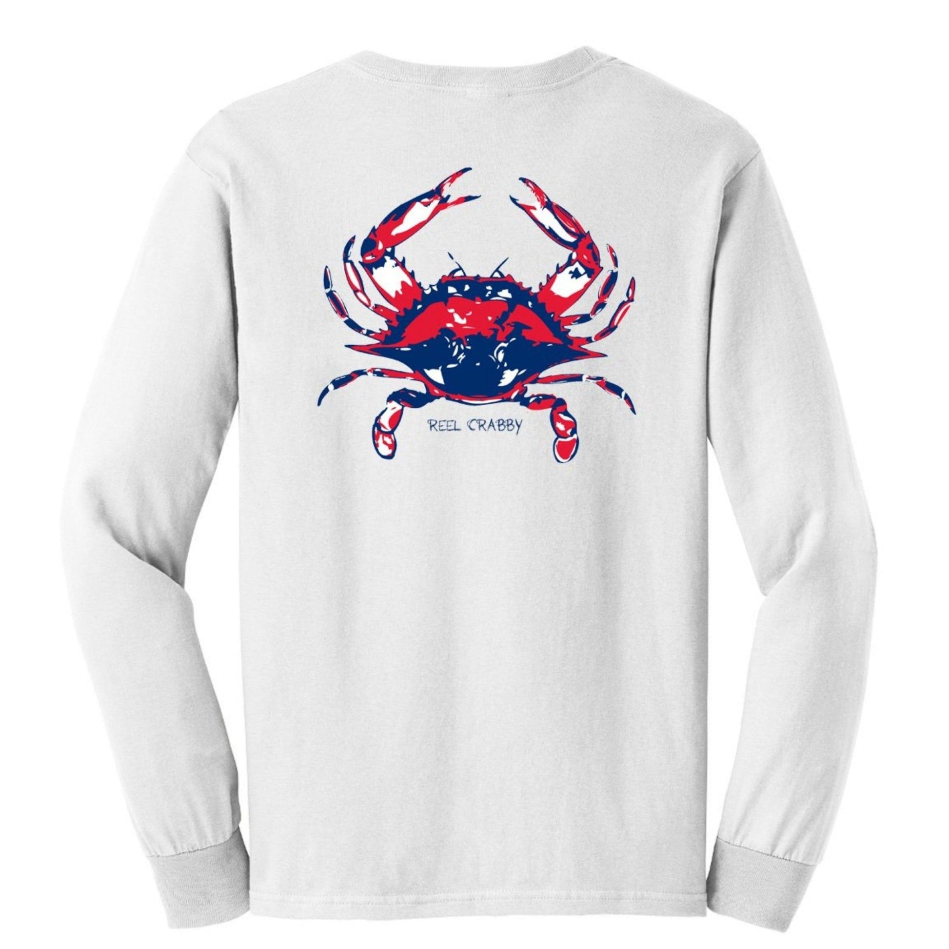 Blue Crab "Reel Crabby" cotton long sleeve shirt in white