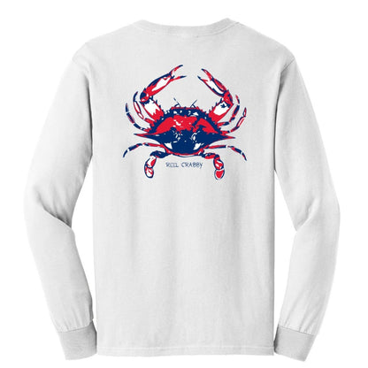 Blue Crab "Reel Crabby" cotton long sleeve shirt in white