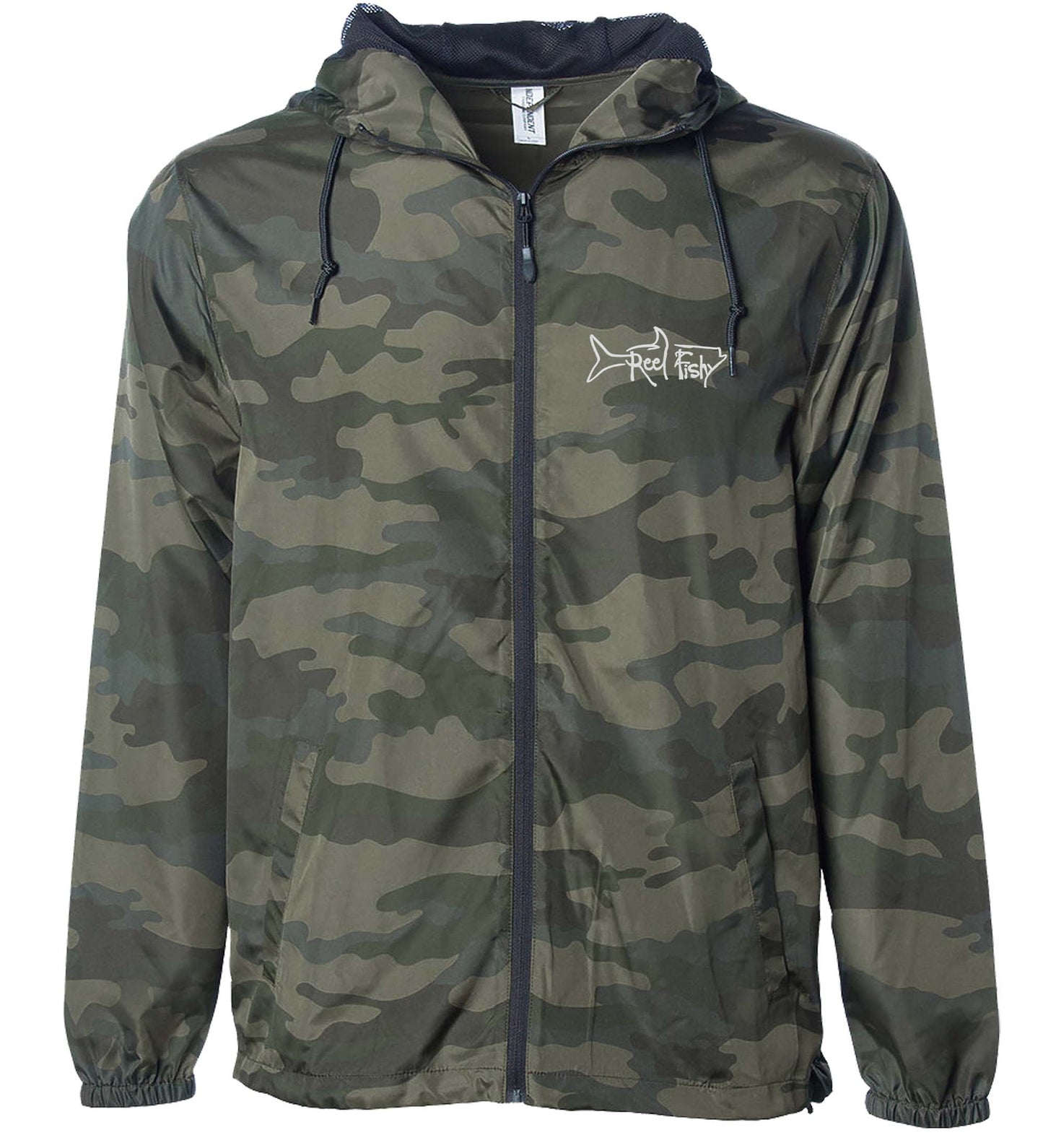 Forest Camo Lightweight Windbreaker Jacket with Hood - Water Resistant, Full Zip Front Closure