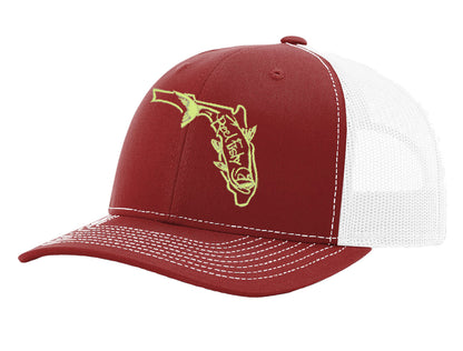 State of Florida Tarpon Reel Fishy Logo - Garnet/White Trucker hat w/Gold Logo