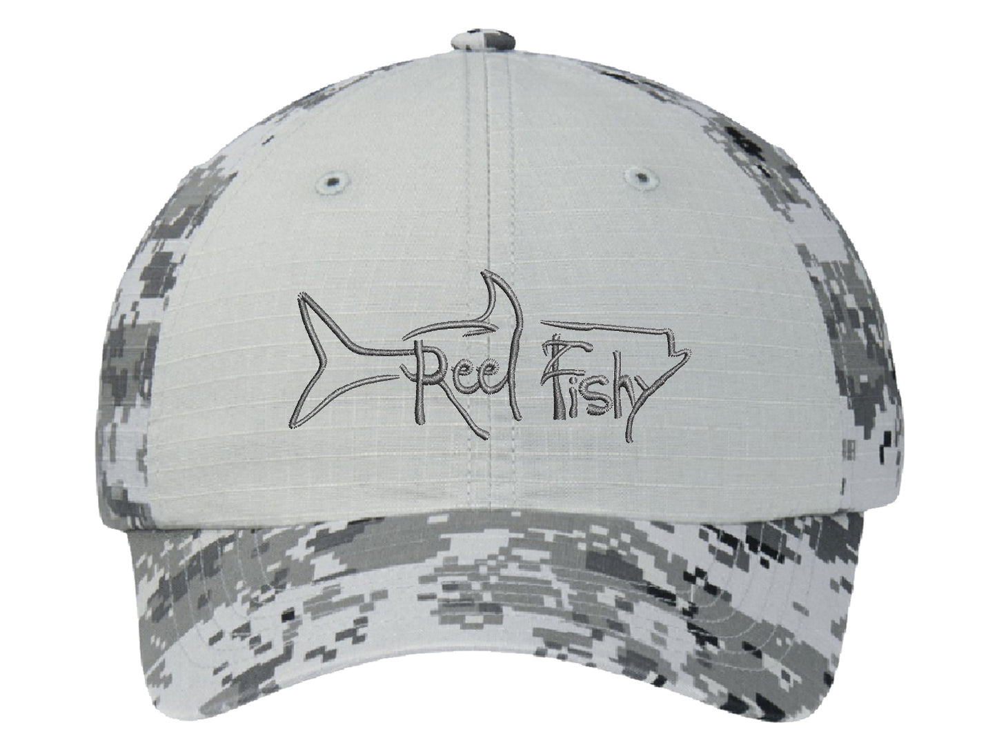 Gray Digital Camo Unstructured Dad Hat with Gray Reel Fishy Tarpon Logo