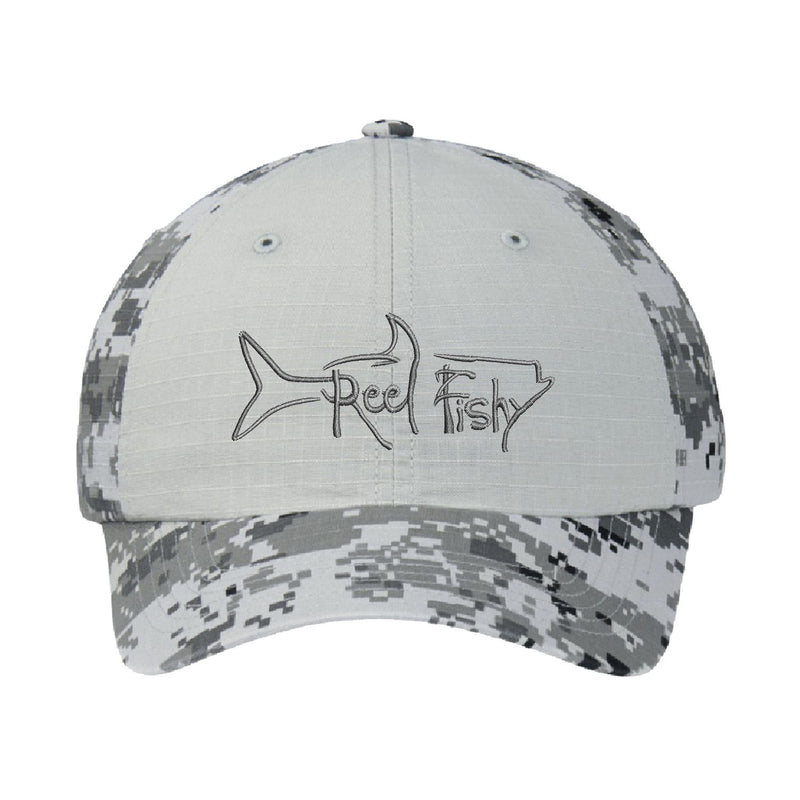 Gray Digital Camo Unstructured Dad Hat with Gray Reel Fishy Tarpon Logo