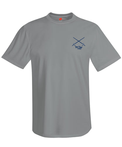 Performance Dry-Fit Tarpon Fishing Short Sleeve Shirts with Sun Protection in Gray (front Reel Fishy Salt Rods Logo)