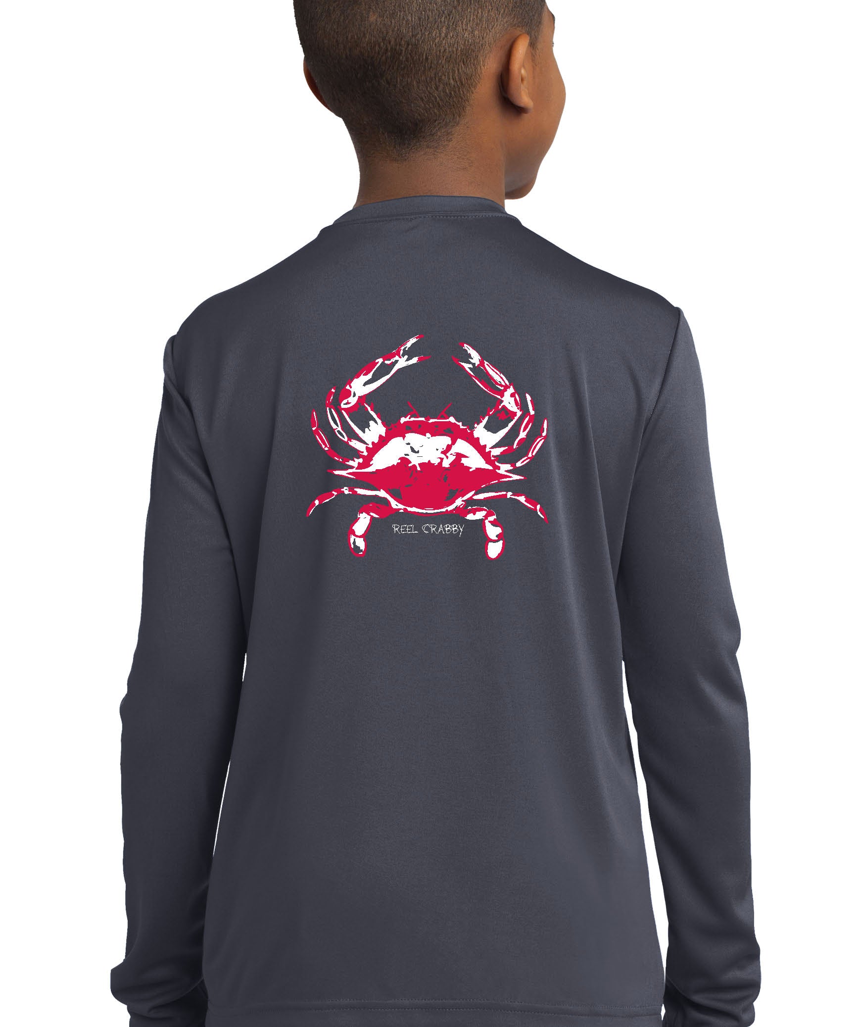 Youth Model in Charcoal Crab "Reel Crabby" Long Sleeve Performance Dry-Fit Shirts with Sun Protection by Reel Fishy Apparel