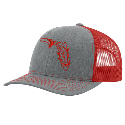 State of Florida Tarpon Trucker Hat in Heather Gray and Red mesh by Reel Fishy.