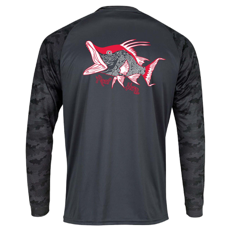 Unisex graphite digital camo long sleeve shirt with hogfish graphic and 50+ UV protection by Reel Fishy Apparel.
