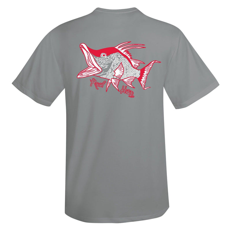 Unisex gray short sleeve shirt with hogfish graphic and 50+ UV protection by Reel Fishy Apparel.
