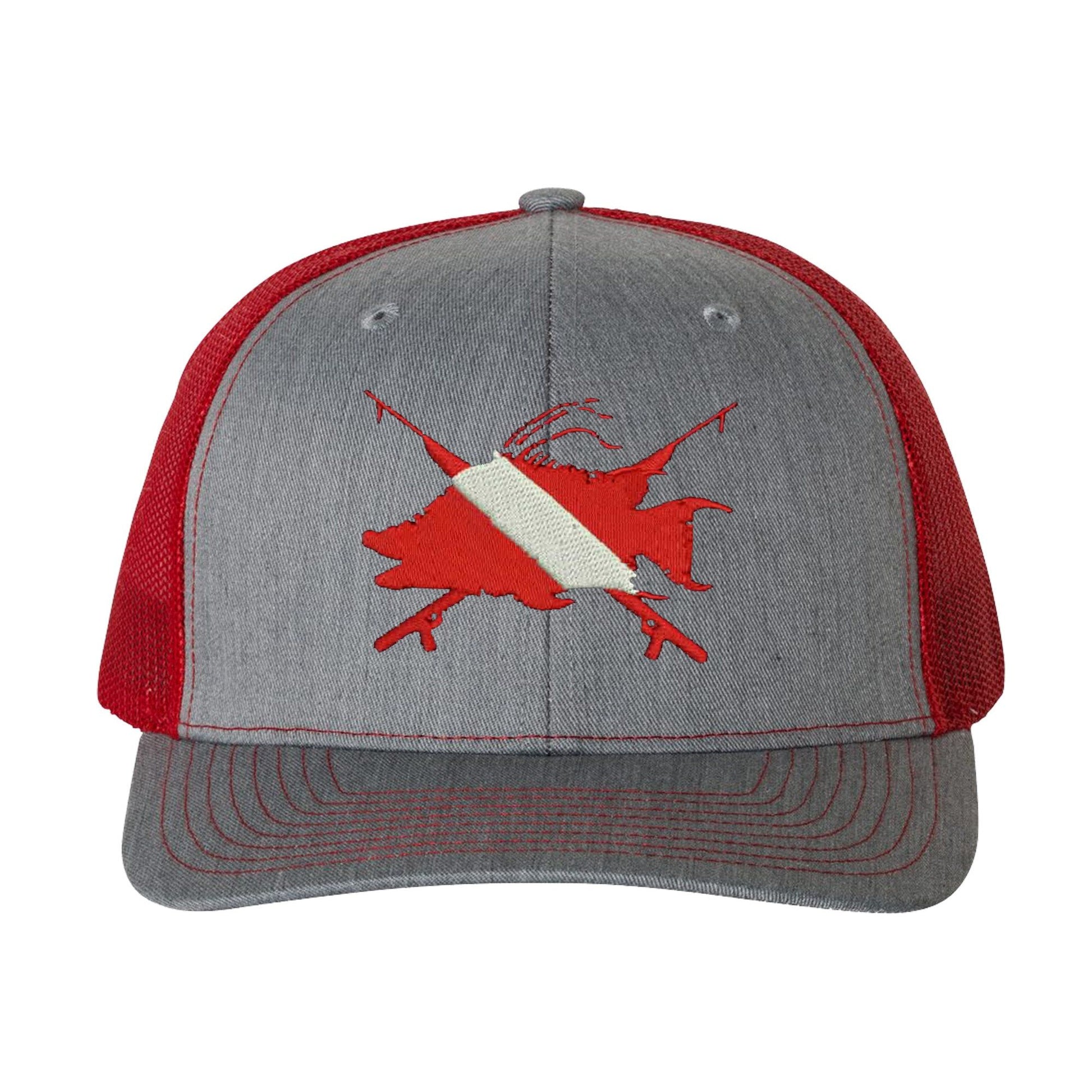 Hogfish Dive Spears Heather Gray and Red Mesh Trucker Hat