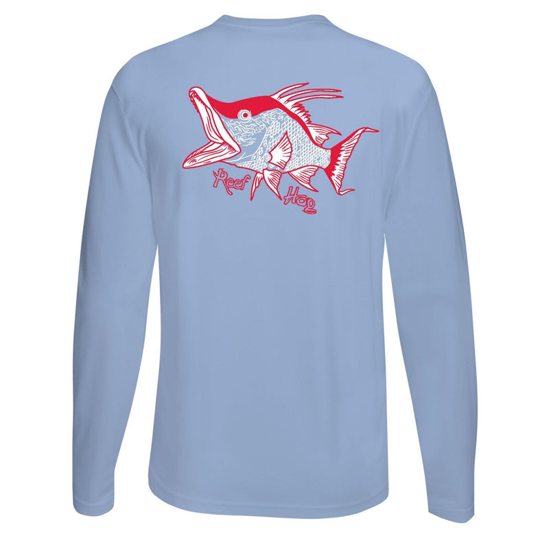 Unisex light blue long sleeve shirt with hogfish graphic and 50+ UV protection by Reel Fishy Apparel.