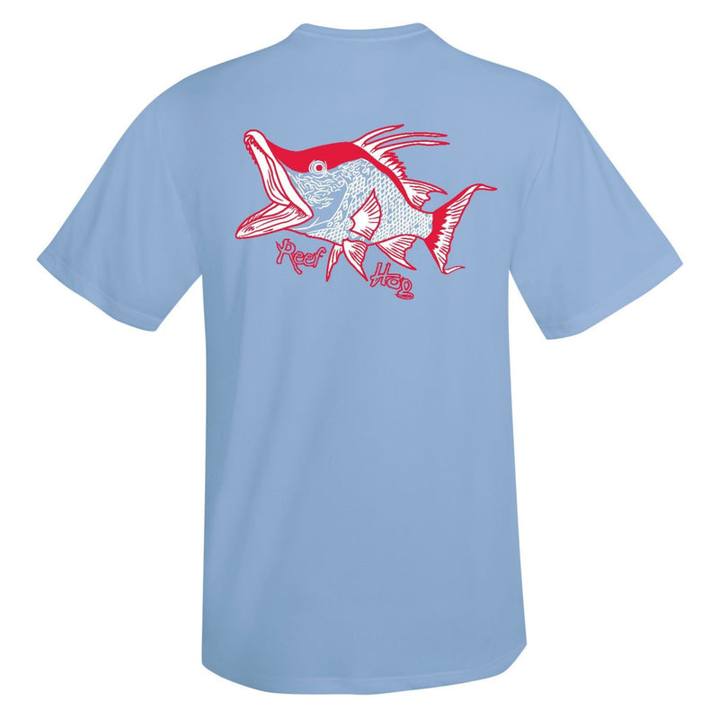 Unisex light blue short sleeve shirt with hogfish graphic and 50+ UV protection by Reel Fishy Apparel.