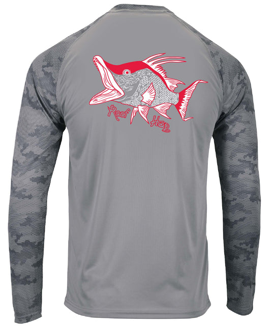 Unisex medium gray digital camo long sleeve shirt with hogfish graphic and 50+ UV protection by Reel Fishy Apparel.