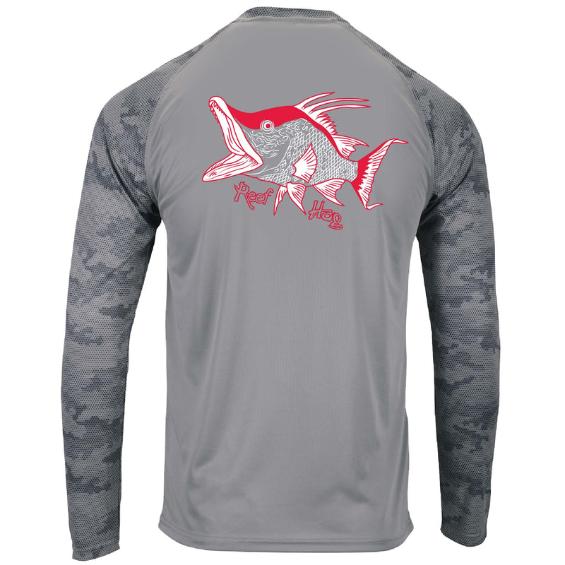 Unisex medium gray digital camo long sleeve shirt with hogfish graphic and 50+ UV protection by Reel Fishy Apparel.