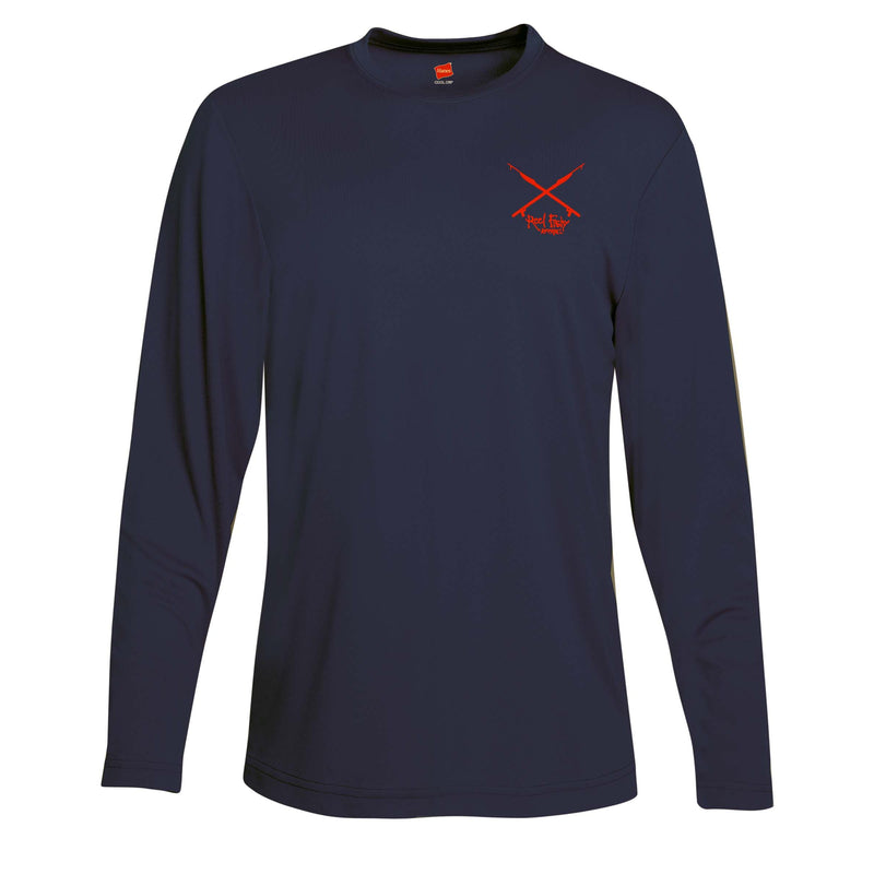 Front navy long sleeve shirt with Reel Fishy sprears logo and hogfish graphic on back. 50+ UV protection