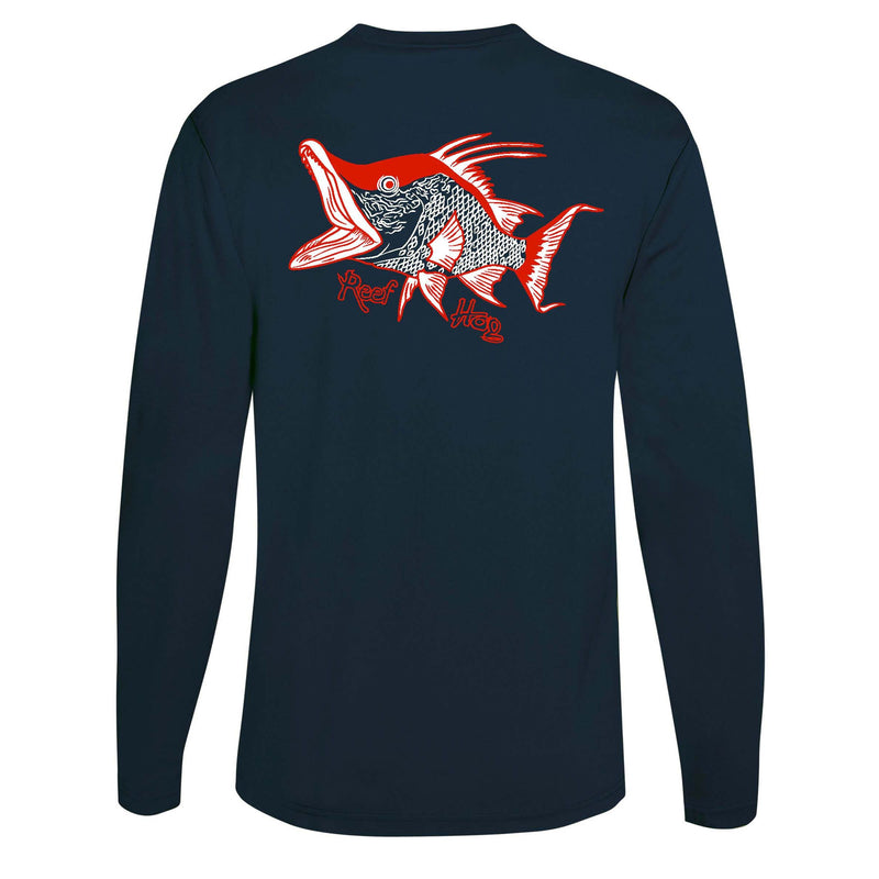 Unisex navy long sleeve shirt with hogfish graphic and 50+ UV protection by Reel Fishy Apparel.