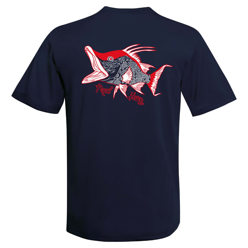 Unisex navy short sleeve shirt with hogfish graphic and 50+ UV protection by Reel Fishy Apparel.